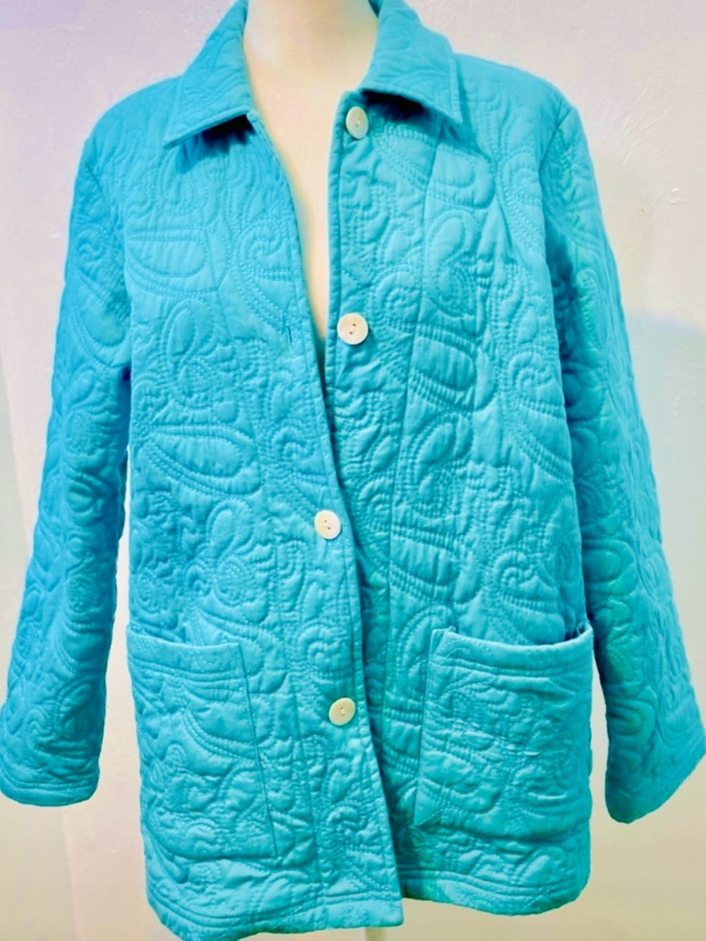 Vintage Orvis Blue Turquoise Quilted Paisly Button Jacket.Size S